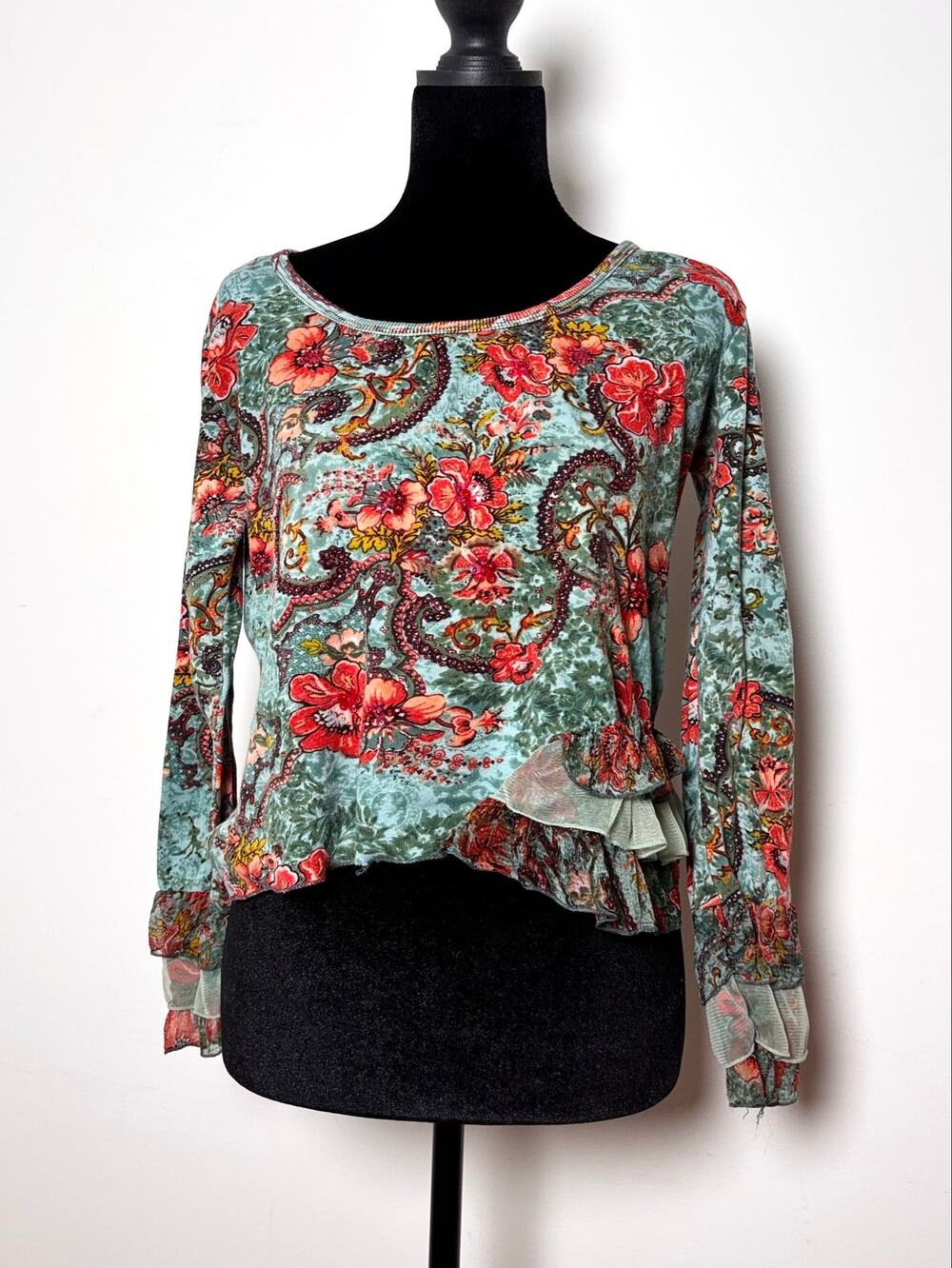 Derhy Turquoise Coral Floral Print Boatneck Top Ruffle Sleeves Beaded Sequined